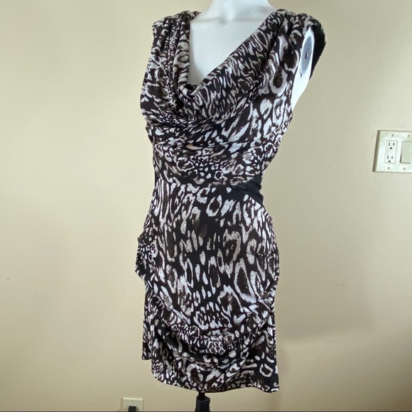 Bebe Leopard Cowl Neck Open Back Mini Party Dress - Picture 1 of 8